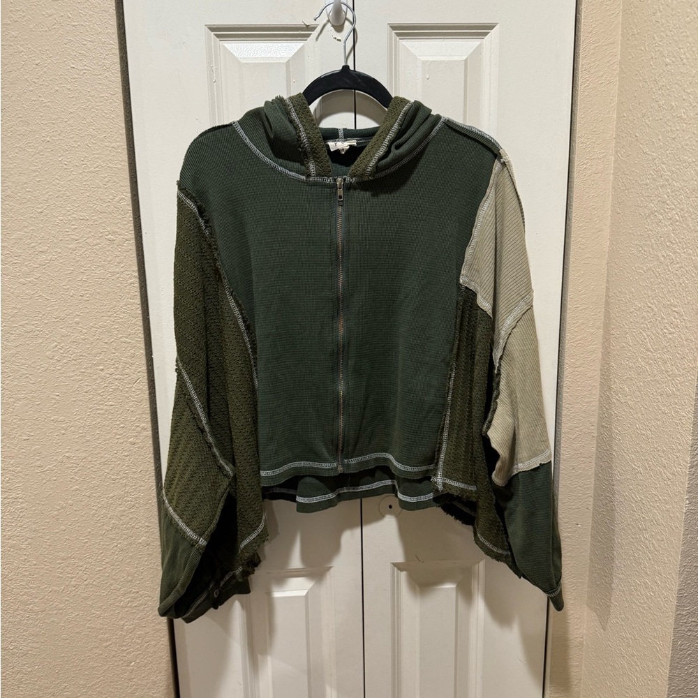 POL Raw Edge Full zip Hooded Sweatshirt Bohemian Oversized Chic , size M - Picture 9 of 12